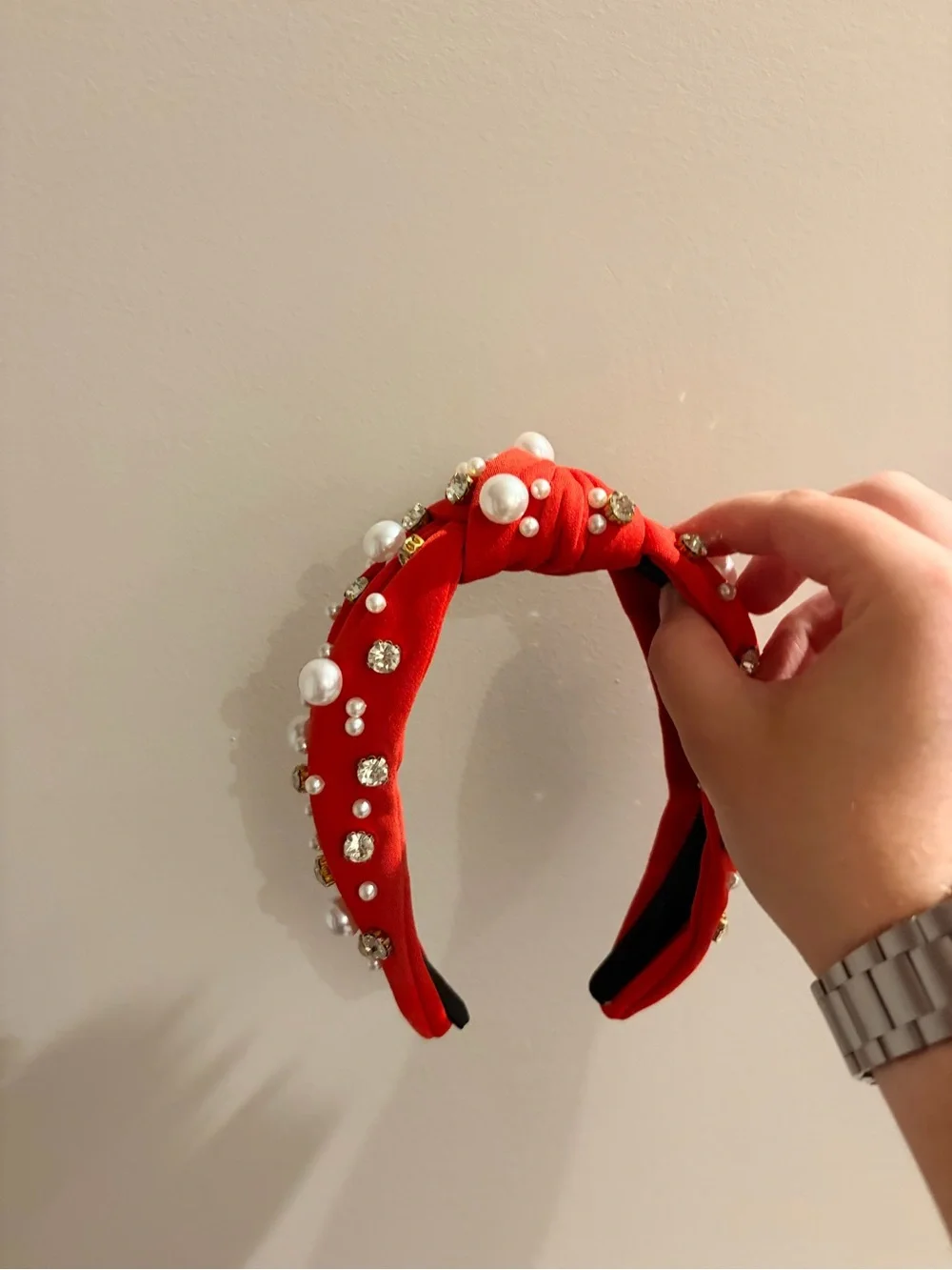 Red Knotted Pearl & Crystal Embellished Headband